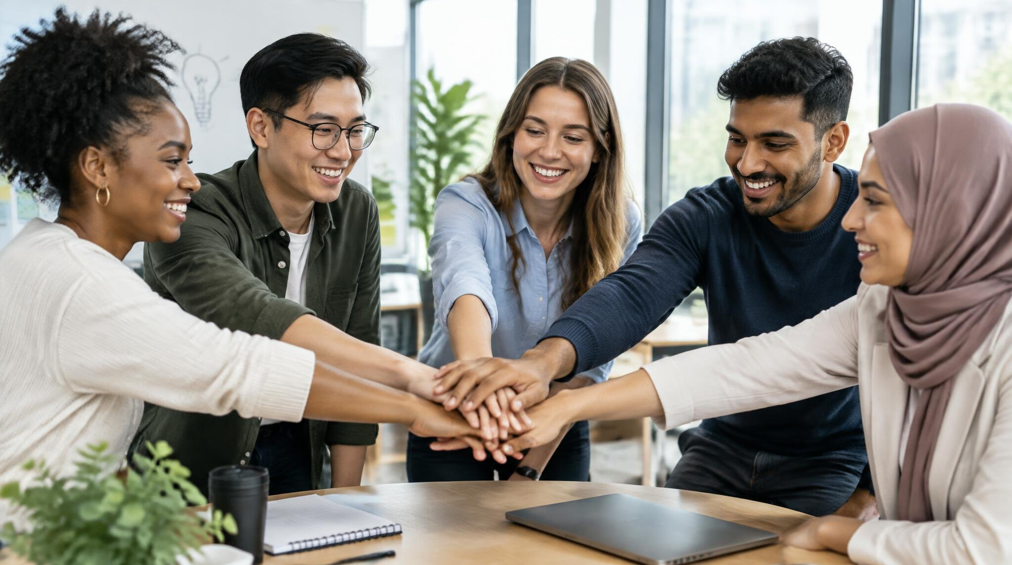 Colleagues stacking hands in teamwork gesture