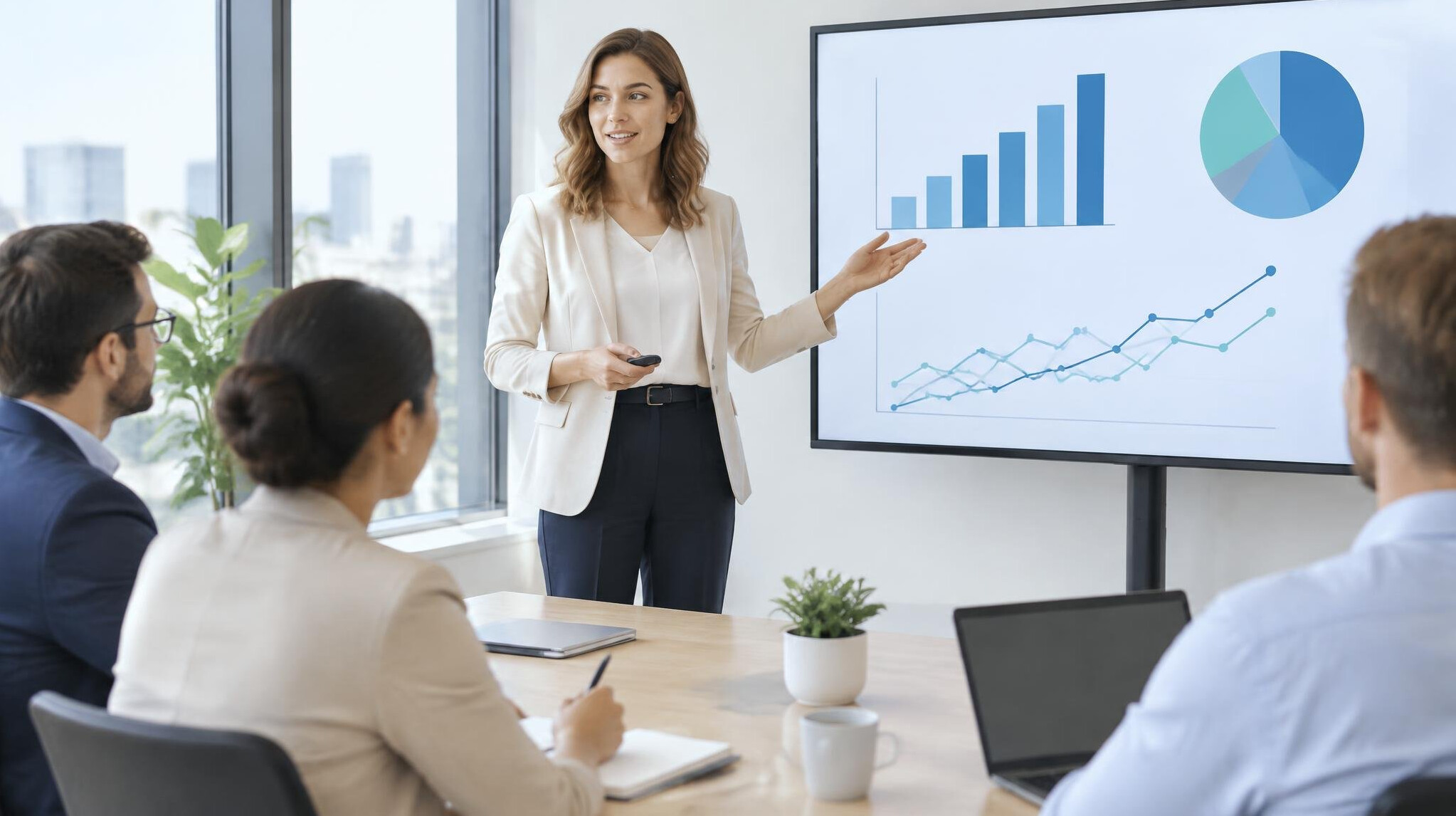 Presenter standing in front of a screen in a meeting room
