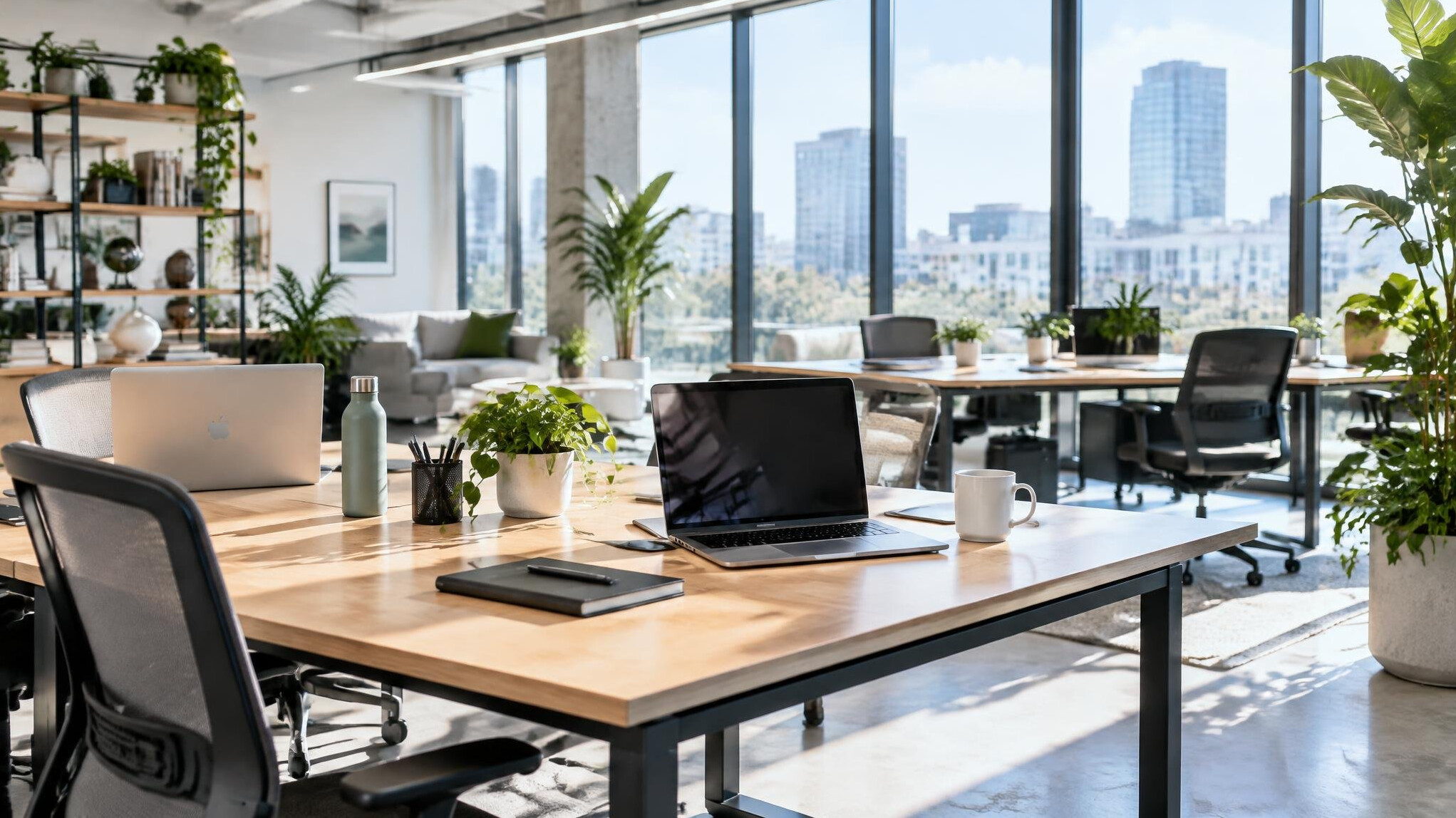 Bright modern open office with wooden desks and large windows
